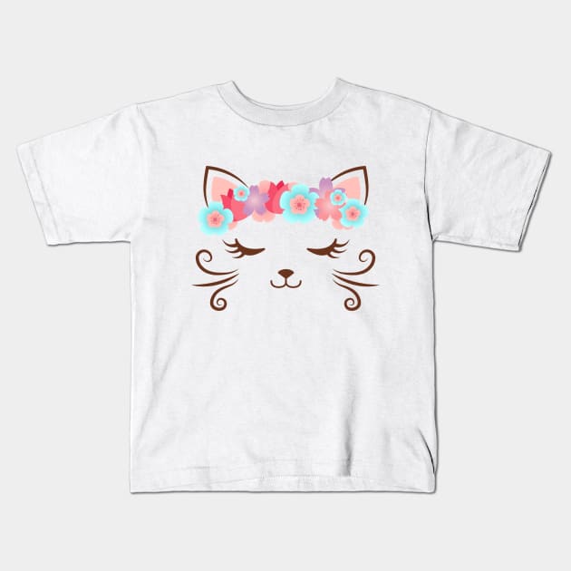 theglaze Kawaii Cat Kitty Kat Flower Crown Cute Cat Cat Party Cat Gift Women s Cat Shirt Pretty Kitty Cat Lover Cat Collection Cat Face Kids T Shirt